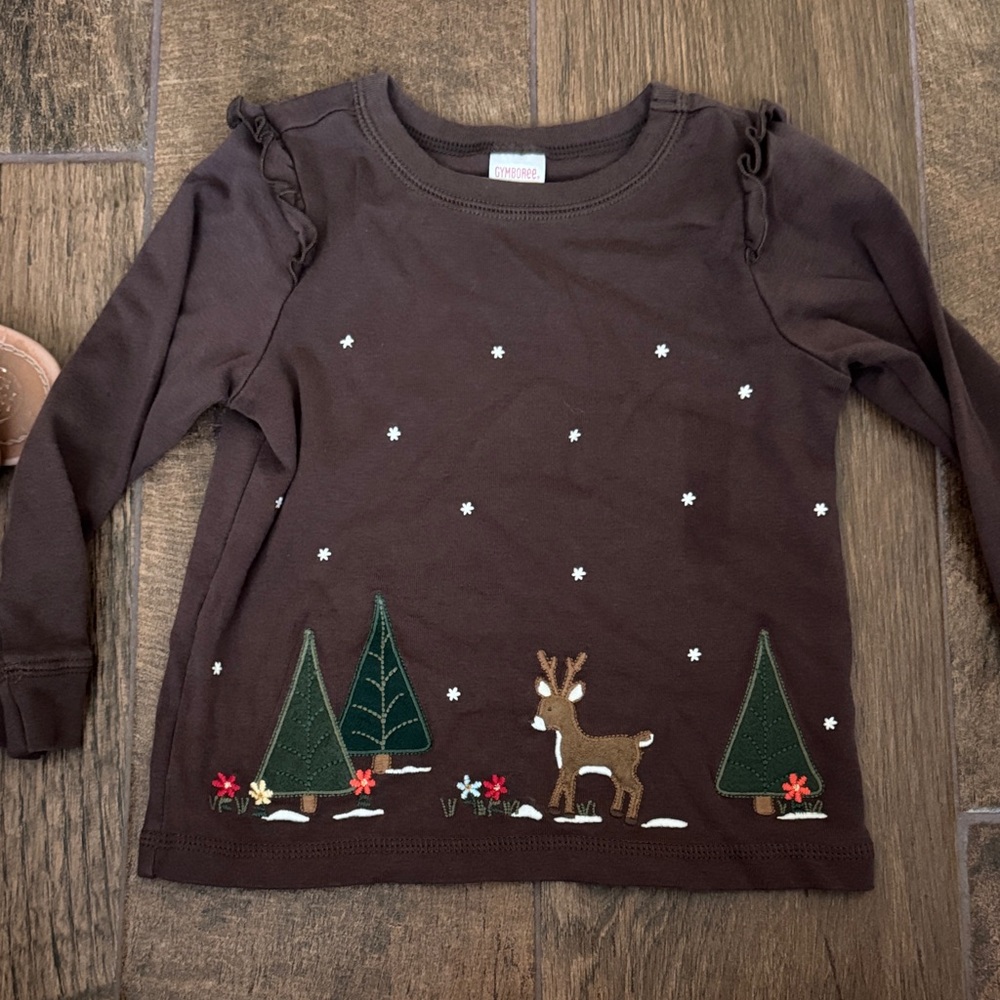 Gymboree Brown Long Sleeve Tee with Reindeer and Tree Design